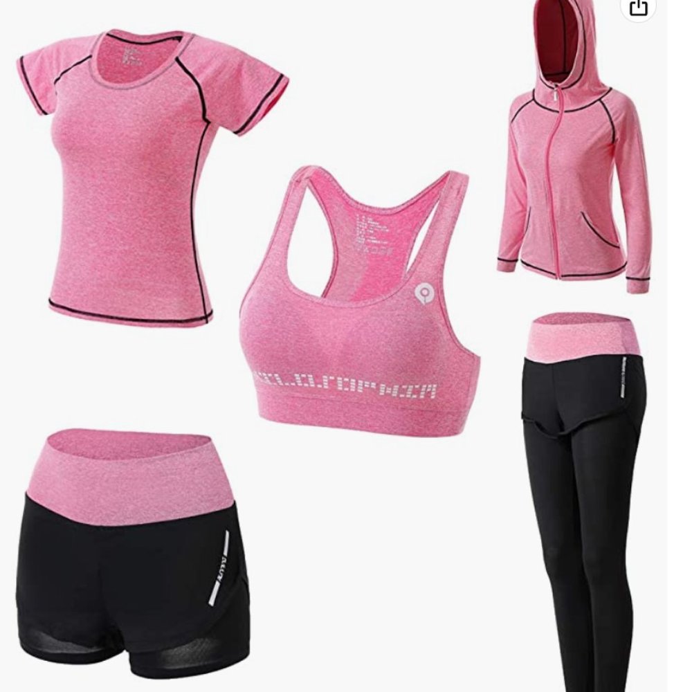 Women Workout Clothes Set 5 PCS Exercise Athletic Outfits Set Medium Black Pink